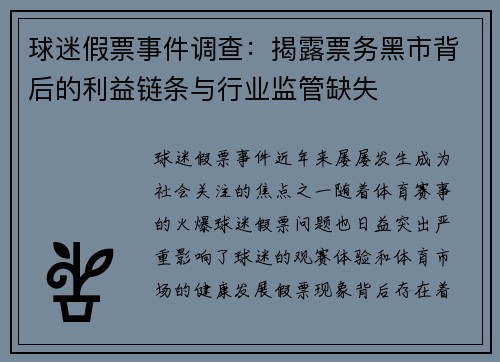 球迷假票事件调查:揭露票务黑市背后的利益链条与行业监管缺失 球迷假票事件调查:揭露票务黑市背后的利益链条与行业监管缺失